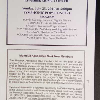 Program for Pops Concert 2010 & Announcement in program about "Monteux Associates" organization forming