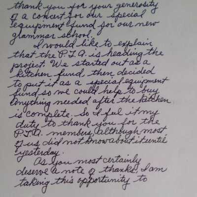 PTA thank you letter to Doris for a concert on behalf of special equipment fund for new grammar school in Hancock (1952)