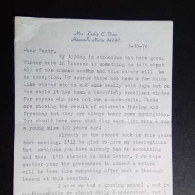 Monteux organ installed in church [letter from Vera Foss to Sandy Phippen (?) 3-18-74]