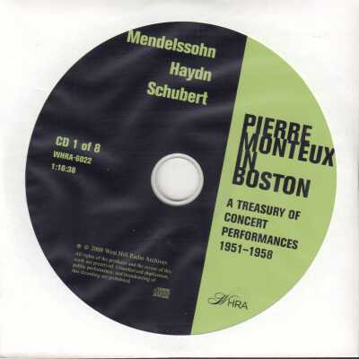 CD 1 OF 8 "PIERRE MONTEUX IN BOSTON: A TREASURY OF CONCERT PERFORMANCES 1951-1958." MENDELSSOHN-HAYDN-SCHUBERT