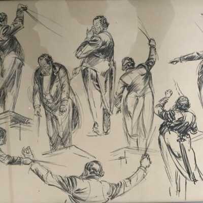 Howard Brodie sketches in ink, signed