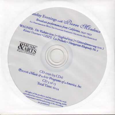 CD 5 OF 13 "SUNDAY EVENINGS WITH PIERRE MONTEUX: BROADCAST PERFORMANCES, 1941-1952" WITH THE STANDARD SYMPHONY ORCHESTRA, SAN FRANCISCO. WAGNER, LISZT.