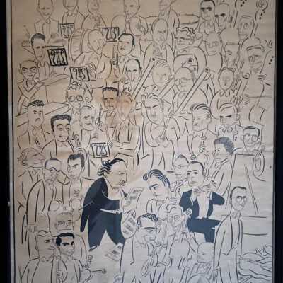 Framed pen & ink drawing by Stomayor of Pierre Monteux & musicians