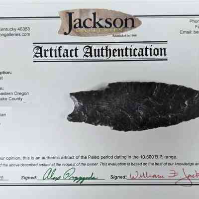 Certificate of authenticity for the large Windust point from Jackson Galleries of Kentucky