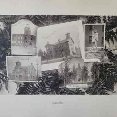 Photo caption reads: SCHOOLS. A collage of some of the schools found in Willimantic. From left to right, top row: Normal School (unfinished) [to become Eastern Connecticut State University], Natchaug School, Columbus Statue. Bottom row: Disctrict No 1, St Josephs Convent.