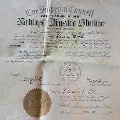 Certificate of Charles W Hill's Membership in the Nobles Mystic Shrine