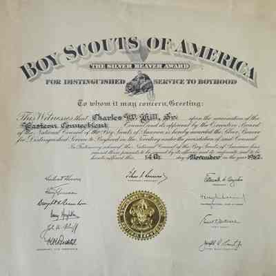 Certificate for BSA Silver Beaver Awarded to Charles W Hill 1962