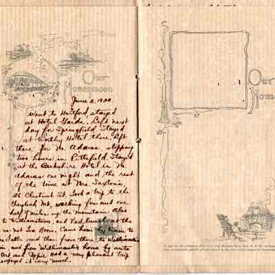Pages 6 and 7: The image presents an antique journal page detailing a honeymoon itinerary dated June 2, 1900. On the left page, handwritten text describes a travel route starting in Hartford, with an overnight stay at Hotel Garde. The journey continues to Springfield, with accommodations at the Worthy Hotel, and then through Pittsfield to the Berkshire Hotel in North Adams. The narrative includes visits to Williamstown and a hike up Greylock Mountain. The right page features ornate illustrations with a section titled "Our Home," containing decorative borders and a quaint depiction of a person in a chair by a fireplace. At the bottom, there's a poetic message about appreciating the charm of mountain views. The page, with a vintage and rustic aesthetic, evokes a sense of nostalgia and adventure.