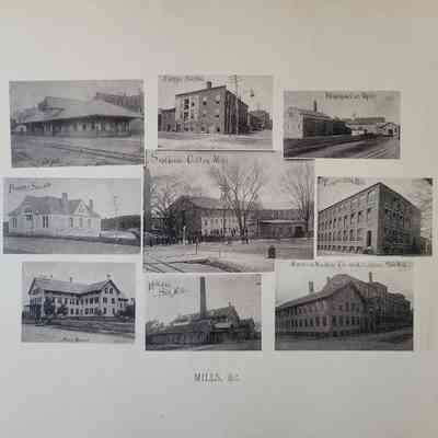 Photo caption reads: MILLS, &C. From left to right, top row: Depot, Chaffee Silk Mill, Windham Co's Mills. Middle row: Pumping Station, Smithville Cotton Mills, Turner's Silk Mill. Bottom Row: Alms House, Holland Silk Mills, Morrison Machine Co and Natchaug Silk Mill.