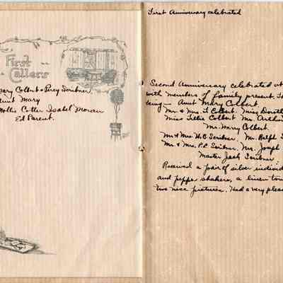 Page 8 and Inside of Back Cover: The image shows a hand-written document titled "First Callers" and "First Anniversary Celebrated," featuring decorative elements such as floral borders and illustrations of a chair and a window. On the left page, names of first callers are listed: Mary Colbert, Percy Scribner, Aunt Mary, Mollie Cotter, Isabel Moran, and Ed Parent. On the right page, it describes the second anniversary celebration held at their home with family members present, mentioning attendees such as Aunt Mary Colbert, Mr. and Mrs. T. Colbert, among others. It notes receiving gifts like silver salt and pepper shakers, a linen towel, and two pictures, and concludes with the note of a pleasant evening. The paper has a textured, vintage appearance.