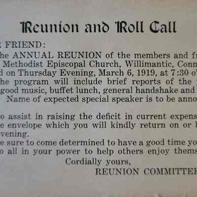 Reunion and Roll Call Notice from the Methodist Episcopal Church of Willimantic, CT March, 1919