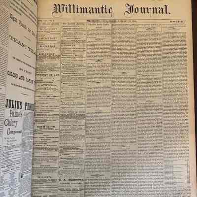 Willimantic Journal Newspaper January 13th 1888: This is the cover page from The Willimantic Journal Vol. 61 No. 2 on Friday, January 13th, 1888 There are 6 columns the first four are primarily comprised of advertisements. News is organized by town starting with the fifth column.