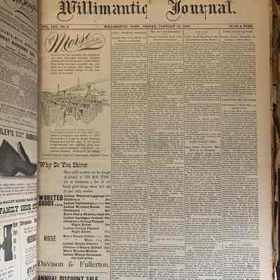 Willimantic Journal Jan 12 1900: This image is of the cover page of the Willimantic Journal Vol. 53 No. 2 from Friday, January 12th, 1900. There are five columns. The first column is wider than the others and contains advertisements. The other four columns contain news articles.