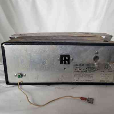 The image features a vintage Bearcat receiver, model BC III, with a worn appearance and labeled for the Windham CT police department.