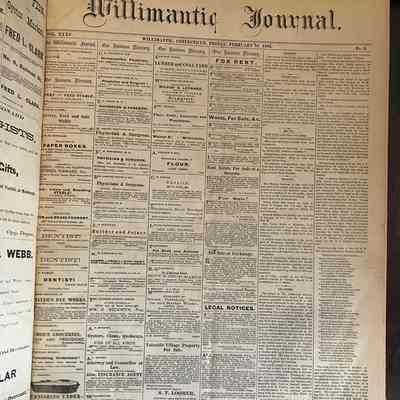 Willimantic Journal February 24th 1882: This is the cover page from The Willimantic Journal Vol. 35 No. 8 on Friday, February 24th 1882. There are 6 columns the first four are primarily comprised of advertisements. News is organized by town starting with the fifth column.