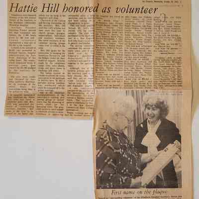 Newspaper Clipping "Hattie Hill Honored as Volunteer" 1973
