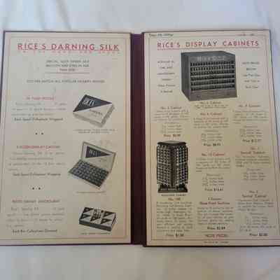 The image depicts an open booklet advertising Rice’s Darning Silk and display cabinets with detailed descriptions.