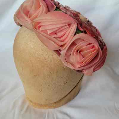Small Pink Flowered Pillbox Hat 1940s