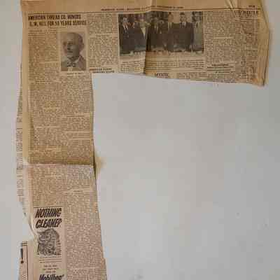 Newspaper Clipping "American Thread Co. Honors C.W. Hill For 50 Years Service" 1955