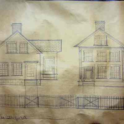 An image of Mrs. Littlefield's house and another house by Strong Court.: There are two full houses in this image. On the left is a street extending forward from our view which is labeled as "Now Valley St." The house on the left is Mrs. Littlefield's house. It has a gabled shingled roof and a chimney in the center. There are two windows on the second story and two on the first floor to the left of the main entrance. Part of the house extends out on the right and there is a front-facing side entrance there. The second house is not labeled as belonging to anyone but it to the right there is a label saying "Now Strong Court." The house is colonial style with a gabled roof and a chimney in the middle. There are two windows in the center by the attic, three on the second floor, and two on the main floor to the right of the door.