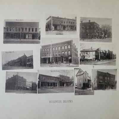 Photo caption reads: BUSINESS BLOCKS. From left to right, top row: Tildens Block, Union Block, [no caption]. Middle Row: Upper Main St, Chapman's Block, Cor. Railroad and Main. Bottom row: Cor. Bank and Main, Waldens Blocks, Dr. Hills Office, Kimbel Block.