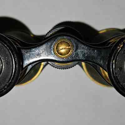 Opera Glasses, Back View: The image shows a pair of vintage brass and black opera glasses or binoculars, featuring the inscription “Lemaire Paris” around the lenses. The binoculars, viewed from the user's perspective, exhibit a central brass fastener, securing the two cylindrical optical tubes, which elegantly contrast against the black metal components. The lenses and body display signs of age with some wear and patina, adding to the antique aesthetic. The background is a simple, neutral surface that allows the craftsmanship and intricate details of the opera glasses to stand out prominently, with shadows cast behind enhancing the three-dimensionality of the object.