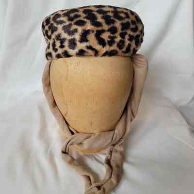 Leopard Print Pillbox Hat with Chin Ties 1940s