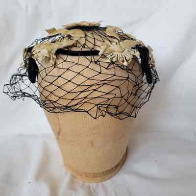 Black Netting Hat with Ivory Accents 1950s