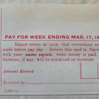 American Thread Co. Blank Pay Stub March 17, 1922