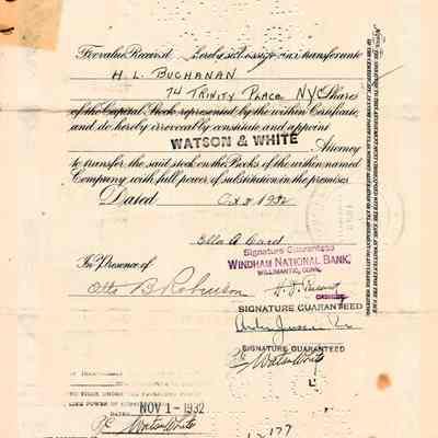 Reverse side of the stock certificate: A sheet of paper, portrait view. Various statements and signatures indicate when the stock was transferred. Holes in the paper indicate that the stock was canceled.