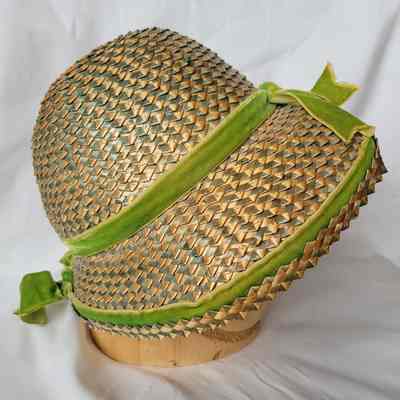 Green Straw Bonnet Hat with Velvet Ribbon