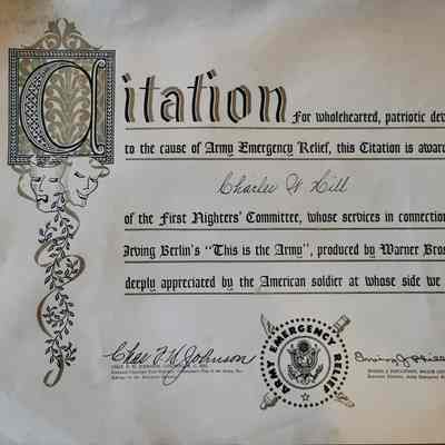 Citation for Charles W Hill from Army Emergency Relief