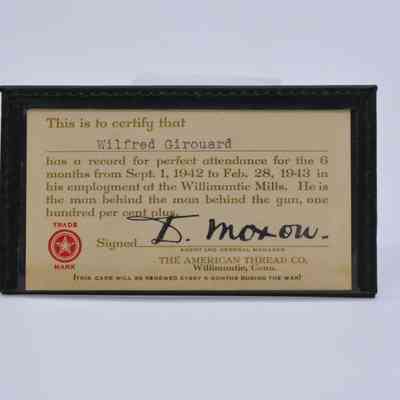 Wilfred Girouard ATCO Perfect Attendance Card 1943