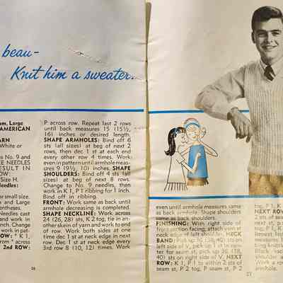 Interior Article: "Catch a Beau -- Knit Him a Sweater": The image is a vintage knitting pattern from a magazine, titled "Catch a beau - Knit him a sweater," featuring instructions for creating a men’s sweater. On the right side, there's a black-and-white photo of a man wearing a knitted sweater, smiling and leaning casually with one hand in his pocket. Below the text, a small illustration shows two women in conversation, possibly discussing the knitting project. The text specifies materials needed, including "American Thread Company 'Dawn' Bulky Yarn," and offers detailed step-by-step instructions for knitting the sweater in various sizes.