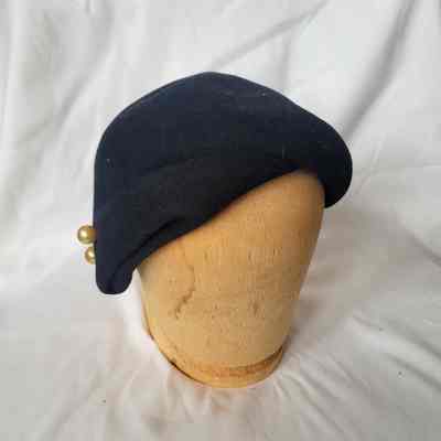 Asymmetrical Black Felt Hat with Faux Pearl Detail 1940s