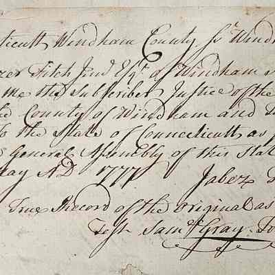 Random page from the record book.: The image shows an old handwritten document from the State of Connecticut, Windham County, dated July 16, 1777. It records the oath of fidelity taken by Eleazer Fitch in accordance with an act by the General Assembly in Hartford. The text is written in elegant cursive script, attesting to its historical significance and authenticity as a true record of the original. The signature of Jabez Fitch, along with Ephraim Sam Gray as Town Clerk, is included at the bottom, emphasizing its formal nature within the legal context of that period. The document is slightly aged, with visible wear on some edges.