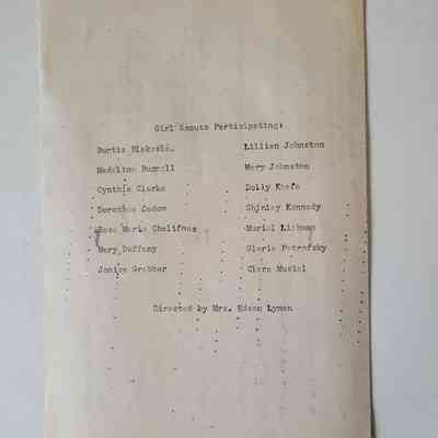 The image shows a typed list of Girl Scouts participants, directed by Mrs. Edson Lyman.