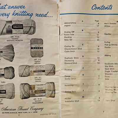 Inside Front Cover and Table of Contents: The image is a vintage pamphlet from The American Thread Company, presenting various yarns described as "Yarns that answer every knitting need." On the left side, illustrations of yarn types such as Knitting Worsted, Nylon, Orlon, Baby Yarn, and Pompadour are labeled with article numbers. The company’s address at 90 Park Avenue, New York, N.Y. 10016, is printed below. On the right, the contents page lists knitting topics alphabetically with corresponding page numbers, covering techniques like Binding Off, Crochet, and specific projects like Mittens and Socks. The pages have a slightly worn appearance, reflecting age and usage.