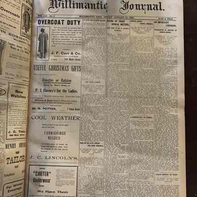 Willimantic Journal: Friday, January 10, 1906: This is the cover page from The Willimantic Journal Vol. 61 No. 2 on Friday, January 10th, 1908. There is one larger column on the left comprised of advertisements while the remaining four smaller columns contain news articles.