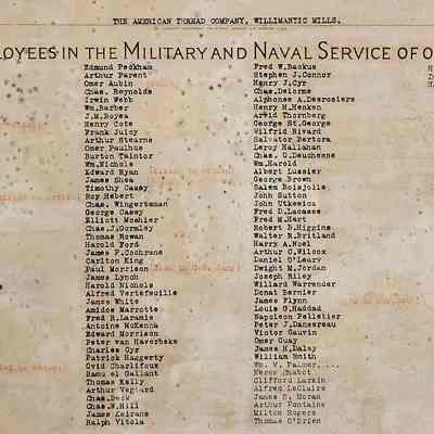 Close-up showing the names listed on the Roll of Honor.: The image is a historical document listing employees from the American Thread Company, Willimantic Mills, who served in the military and naval forces. The heading reads "Our Employees in the Military and Naval Service of Our Country" and includes 138 names, some marked with notes like "killed in action." Columns categorize the names, and the document honors those who contributed to military efforts, likely during wartime. The document provides not only names but sometimes additional notes next to them, reflecting an intention to commemorate and recognize the service and sacrifices made by these employees.