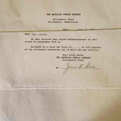 ATCO's Letter Acknowledging Receipt of Jencik's Resignation: The image shows a letter from The American Thread Company, Willimantic Plant, located in Willimantic, Connecticut, dated June 10, 1977. Addressed to Mrs. Jencik, it acknowledges the receipt of her signed employment record and includes a check for $1,521.00. This amount is stated to be the full payment of her entitled retirement separation pay. The letter concludes with a formal salutation and is signed by a representative of the company, whose name appears to be Jerome B. Lewis. The letter is neatly typed and formally structured, reflecting typical business correspondence of that time period.