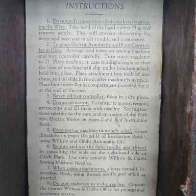 The image shows detailed instructions for the use and maintenance of a Willcox & Gibbs sewing machine.