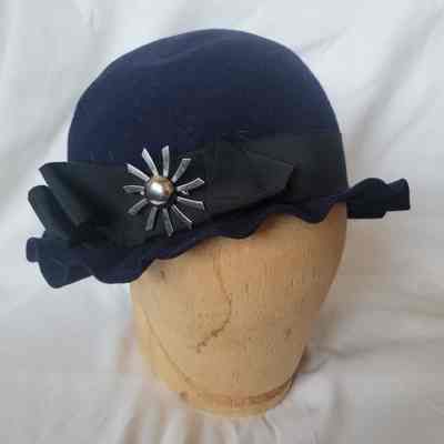 Dark Blue Felt Hat with Ruffled Brim 1950s