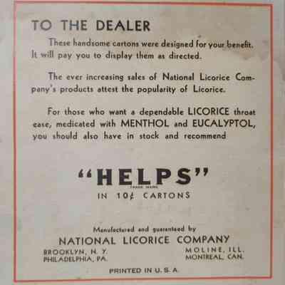 The back of the cardboard sleeve advertising the licorice product, promoting its benefits and urging dealers to stock it.