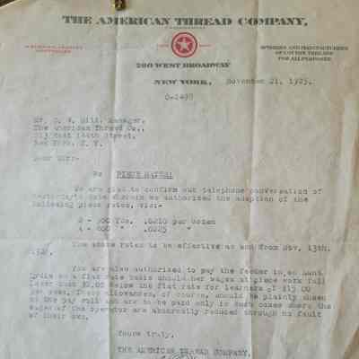Letter to Charles Hill from American Thread Co. Comptroller re: Piece Rates 1925