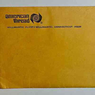 ATCO Interdepartmental Envelope: The image shows a brown envelope from the American Thread Company, specifically the Willimantic Plant, located in Willimantic, Connecticut, with the postal code 06226. The top left corner features the company's logo, which includes a stylized spool of thread. In the top right corner, "FORM X-38" is printed. The envelope is plain and unsealed, with no additional markings or labels, showcasing a simple and functional design typical for company correspondence or document storage.
