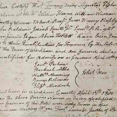 Random page from record book.: The image is a historical document listing names of individuals, such as Foreman Dewey, Agustus Hebard, and Joshua Allen, who have been examined by the Selectmen of Windham. They were assessed for their qualifications to be admitted as freemen on April 13, 1801. The document is handwritten, showing names of selectmen, including Samuel Perkins, Shubael Abbe, Nathaniel Manning, James Robinson, and Eliphalet Moreton. It verifies the legitimacy of the listed individuals' qualifications, and attests to their swearing-in at a freeman meeting by Timothy Larrabee, Justice of Peace, in Windham, Windham County, on April 13, 1801.