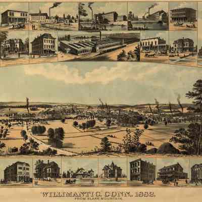 Willimantic, Conn., 1882, from Blake Mountain. Library of Congress's copy.: This historical illustration depicts the town of Willimantic, Connecticut, in 1882, as seen from Blake Mountain. The central panoramic view showcases the town’s sprawling landscape, dotted with trees and fields. Smoke rises from several factories, indicating industrial activity. Surrounding the main image are detailed vignettes of prominent buildings and landmarks in the town, including churches, factories, business establishments, and residential areas. The architecture reflects the style of the period, with notable structures such as the Richmond Boiler Works and public buildings prominently featured, illustrating a thriving industrial