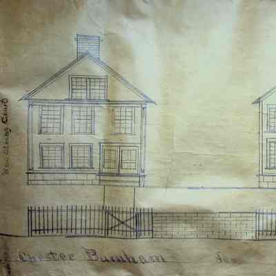 Image of Chester Burnhams house and Joe's house.: This image shows two houses: Chester Burnham's house and Joe's house. The houses are very similar in style though Chester Burnham's house is slightly larger. Both houses have gabled roofs with chimneys in the center. Both houses also have seven windows from the front view. There are two in the center by the attic, three on the second level, and two to the left of the doors. The main difference between the two houses is that the Burnham house has a set of double doors while Joe's house has a single door.