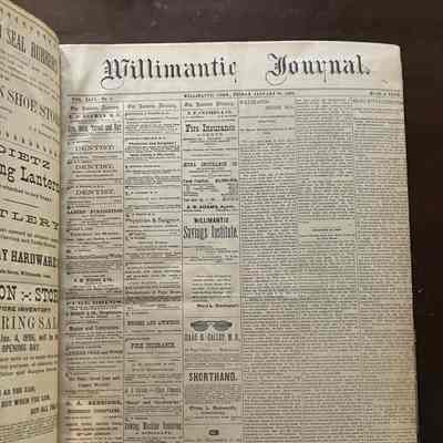 A page from the Willimantic Journal from January 10th 1896.: This is the cover page from The Willimantic Journal Vol. 49 No. 2 on Friday, January 10th, 1896. There are 6 columns the first half are primarily comprised of advertisements. News is organized by town starting with the third column.